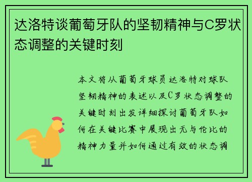 达洛特谈葡萄牙队的坚韧精神与C罗状态调整的关键时刻