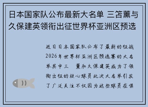日本国家队公布最新大名单 三笘薰与久保建英领衔出征世界杯亚洲区预选赛