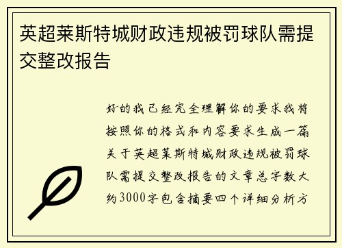 英超莱斯特城财政违规被罚球队需提交整改报告
